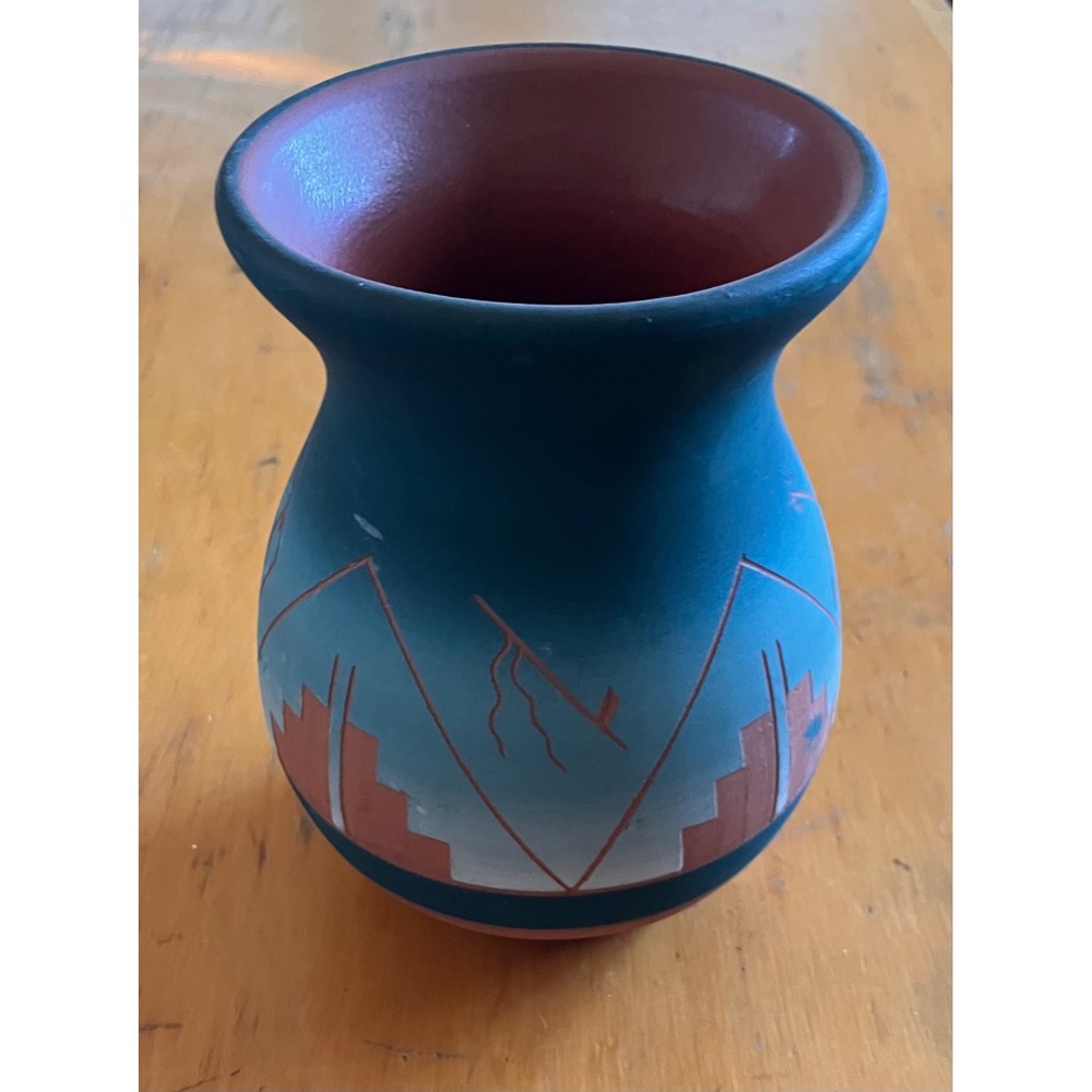 Sioux Pottery Vase Teal Etched Southwestern Terracotta